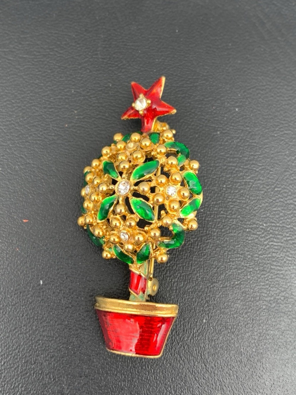 Gold-Tone Red & Green Christmas Tree Topiary Brooch